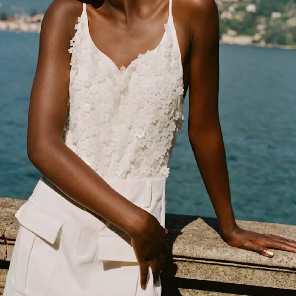 ZARA Bodysuit Strappy Tulle Daisy Sequined Appliqué Cream Vanilla Pearl Size M